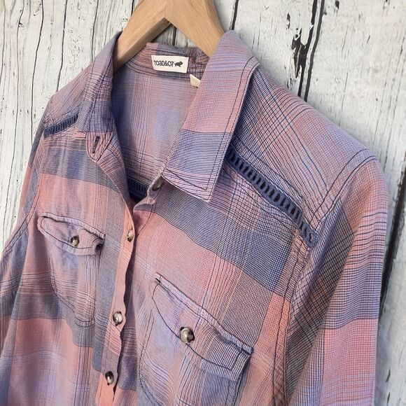 Toad & Co Womens Airbrush Deco Shirt Size L Outdoor Hiking Plaid Sustainable - Picture 4 of 12